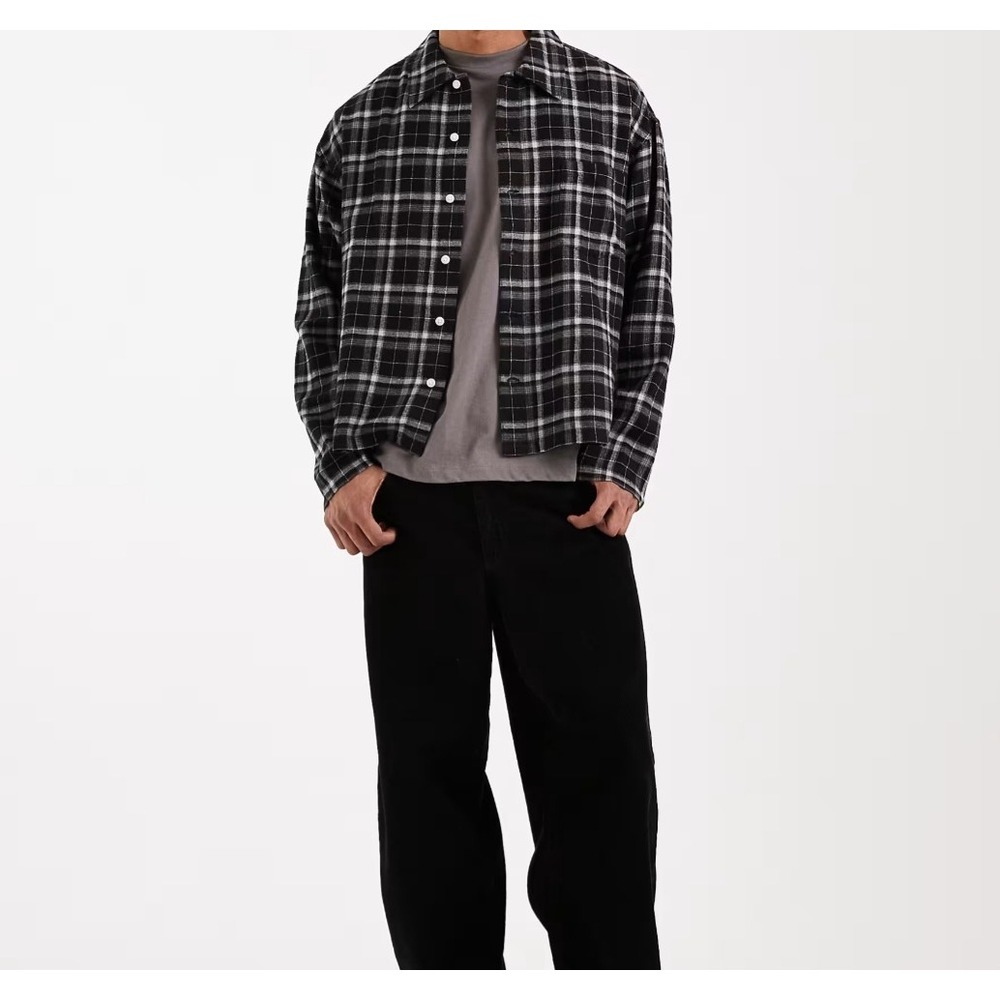Slate & Stone Mens Black White Plaid Cotton Flannel Button Down Shirt Size L